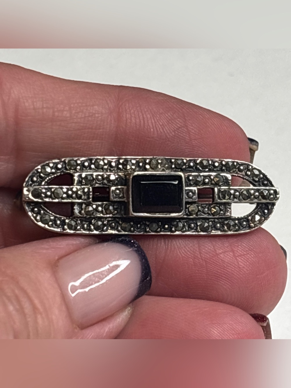 Sterling Silver 925 Marcasite & Black Onyx Art Deco Style Brooch Pin